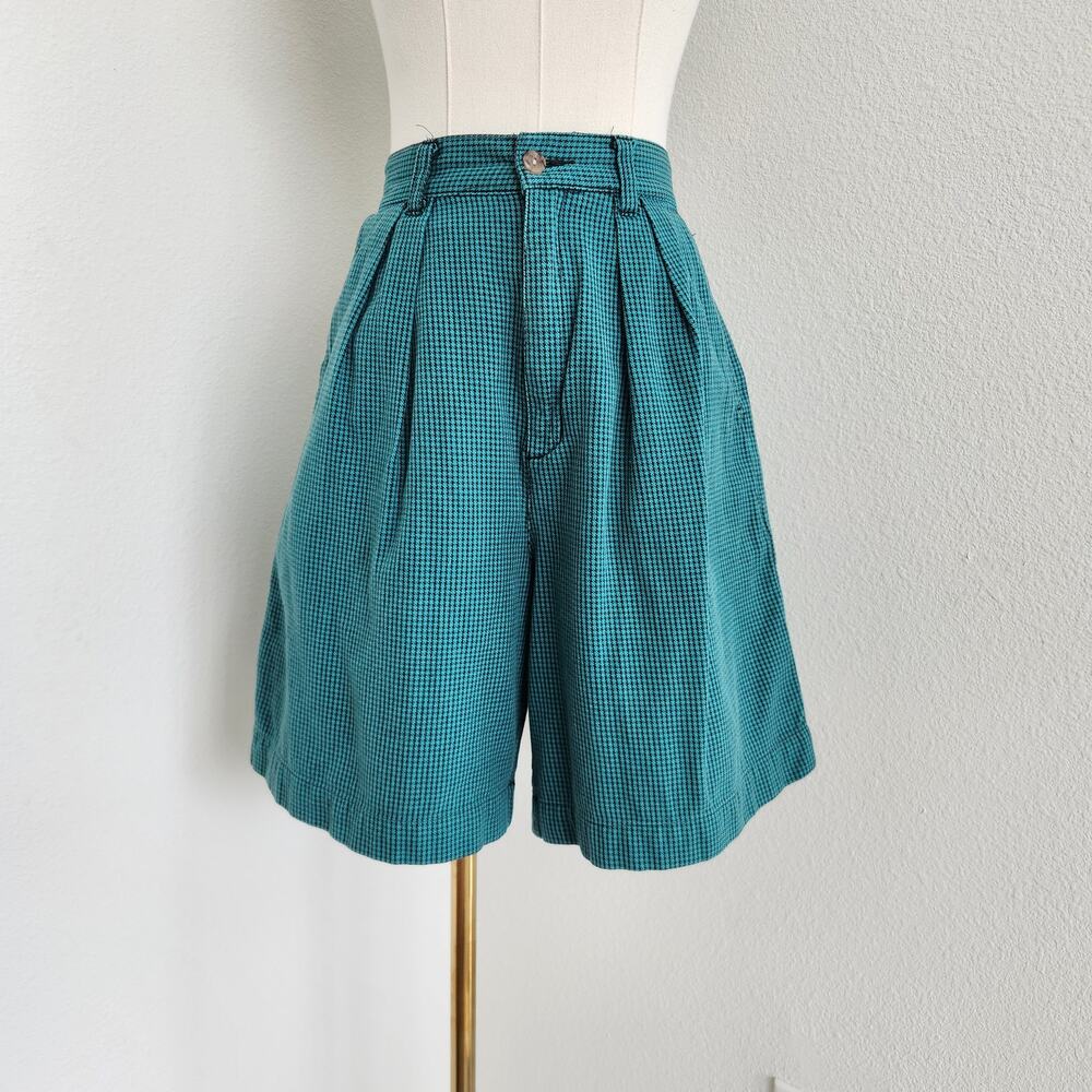 Vintage 90s Dockers Teal Black Houndstooth High Waisted Pleated Longer Shorts 4